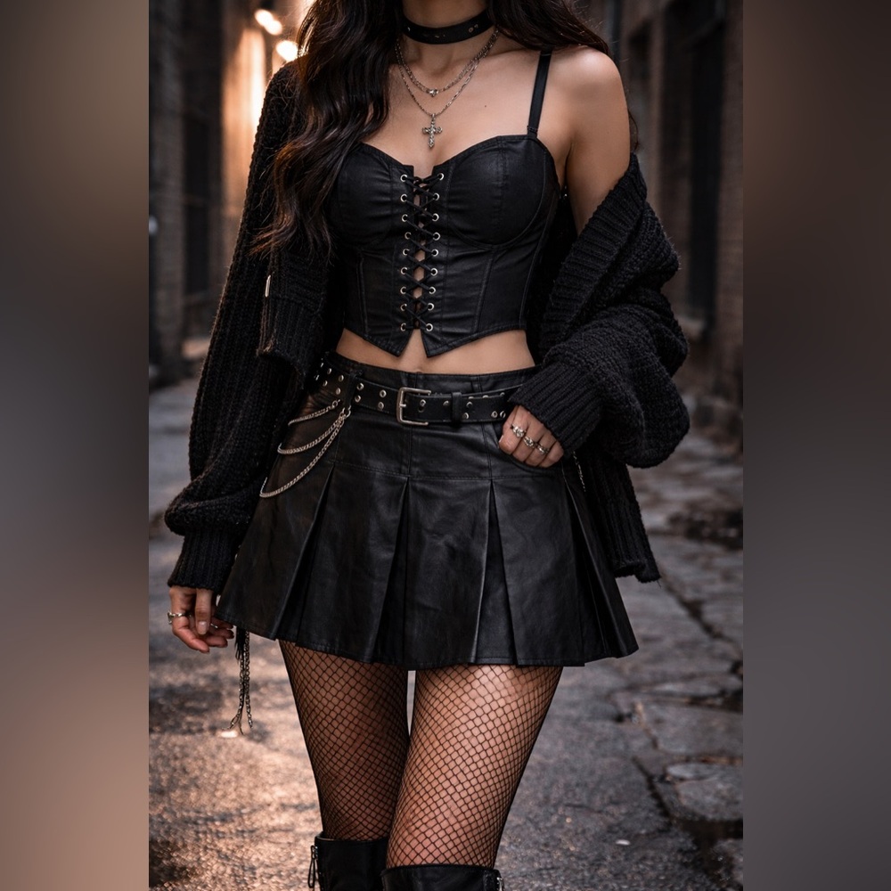Goth Grunge Black Vegan Leather Pleated Skirt Size L